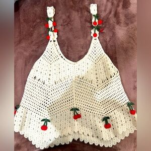 Rebellion White Crochet Tank Top with Red Cherry Accents